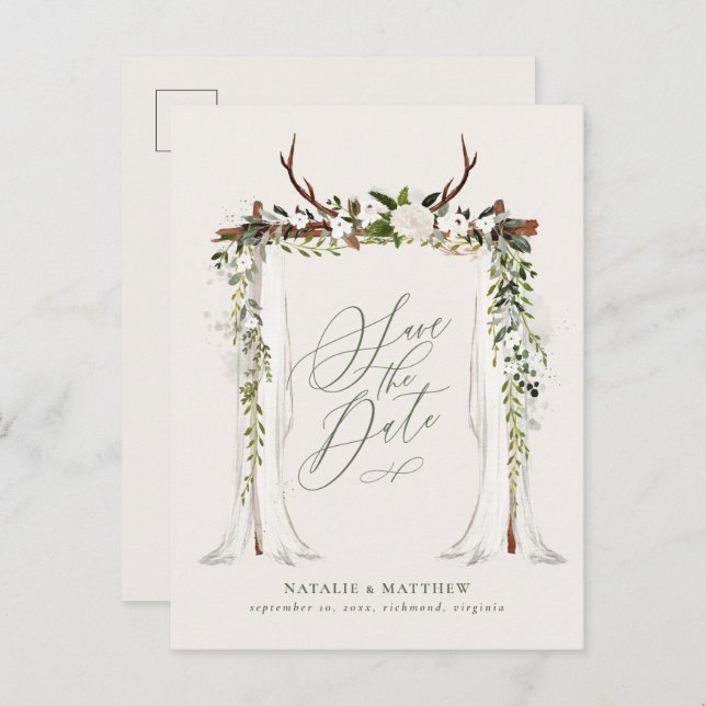 Rustic foliage botanical wedding save the date announcement postcard (Front/Back)