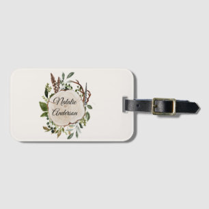 Rustic foliage chalk wood slice luggage tag