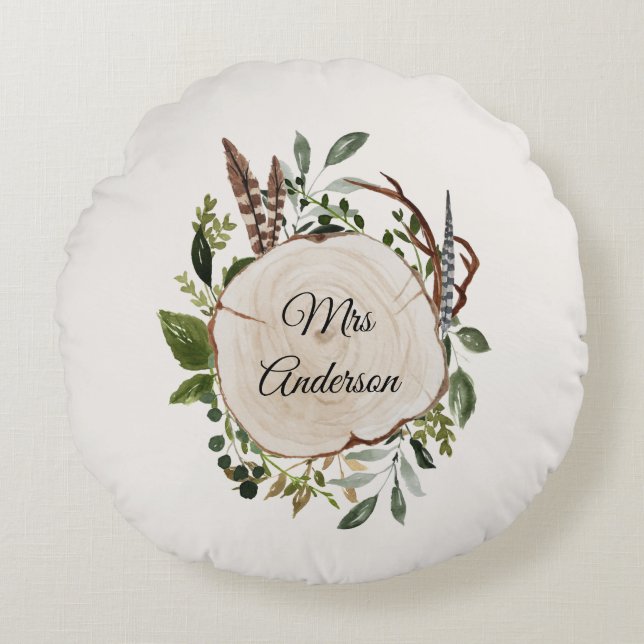 Rustic foliage chalk wood slice round pillow (Front)