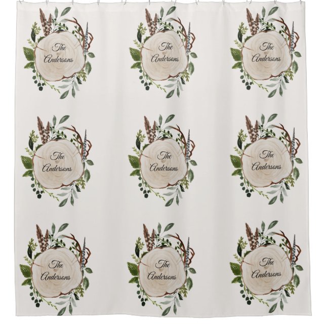 Rustic foliage chalk wood slice  shower curtain (Front)