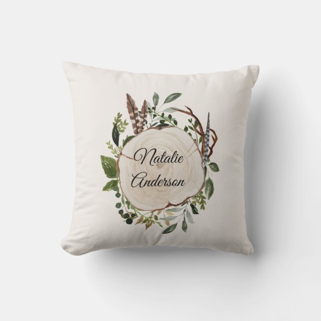Rustic foliage chalk wood slice  throw pillow (Front)