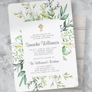 Rustic Foliage Cross Baptism Invitation
