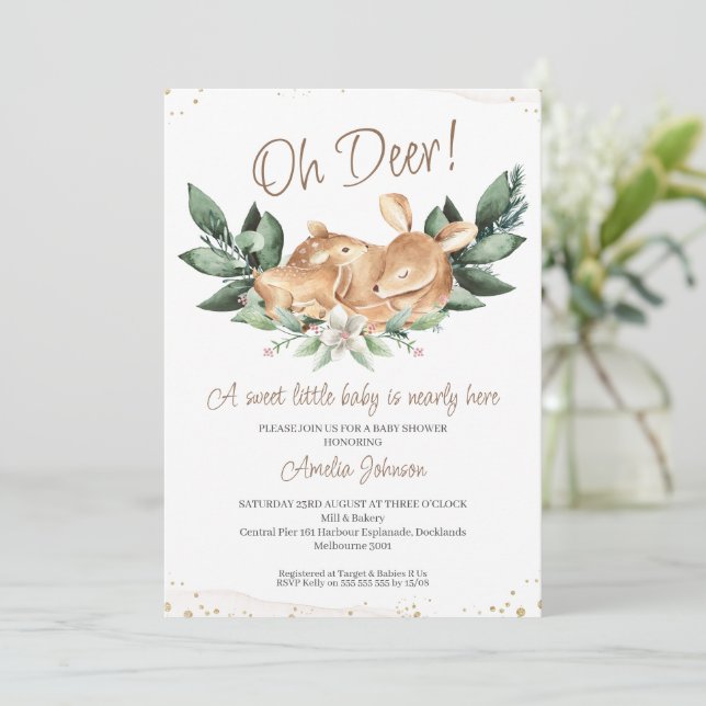Rustic Foliage Deer Fawn Baby Shower Invitation (Standing Front)