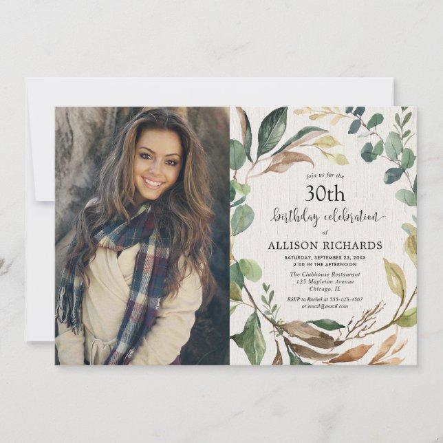 Rustic foliage fall any age adult birthday photo invitation (Front)