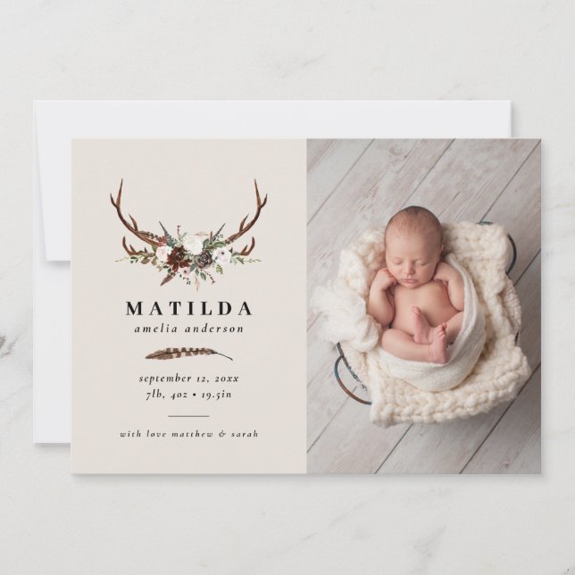 Rustic foliage, floral and stag birth announcement (Front)