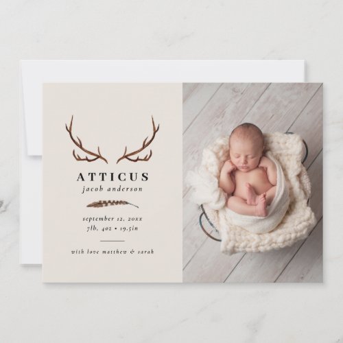 Rustic foliage floral and stag birth announcement