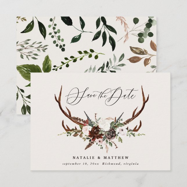 Rustic foliage floral and stag script chic wedding save the date (Front/Back)