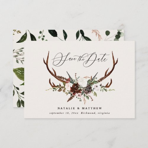Rustic foliage floral and stag script chic wedding save the date