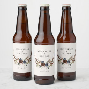 Rustic foliage, floral and stag wedding details beer bottle label