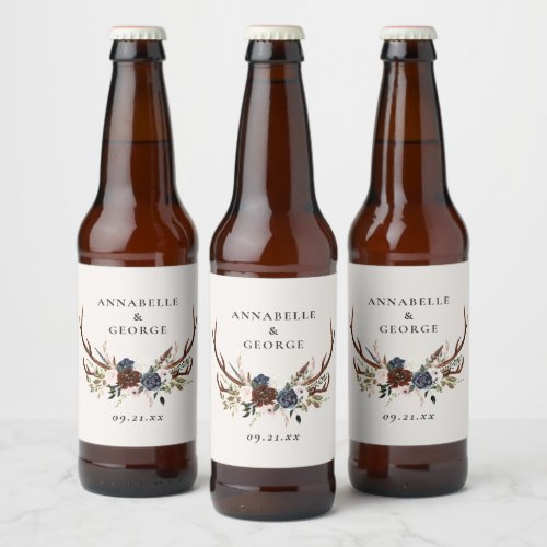 Rustic foliage floral and stag wedding details beer bottle label