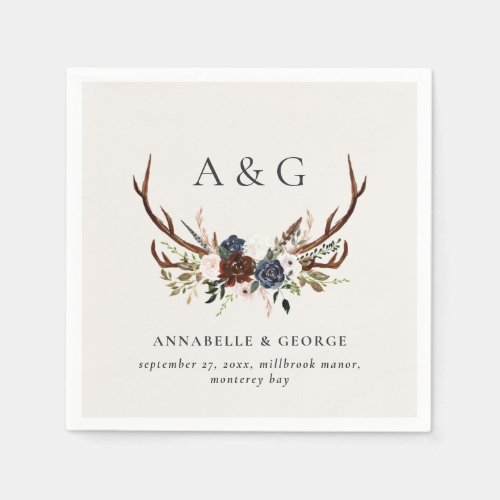 Rustic foliage floral and stag wedding details napkins