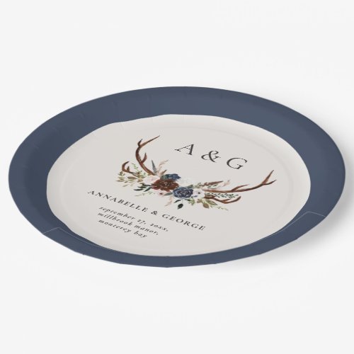 Rustic foliage floral and stag wedding details paper plates