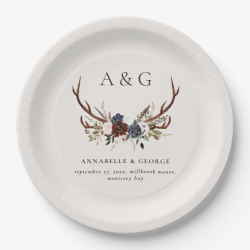 Rustic foliage floral and stag wedding details paper plates