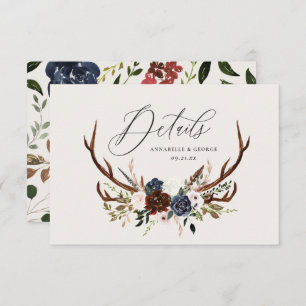 Rustic foliage, floral and stag wedding details save the date