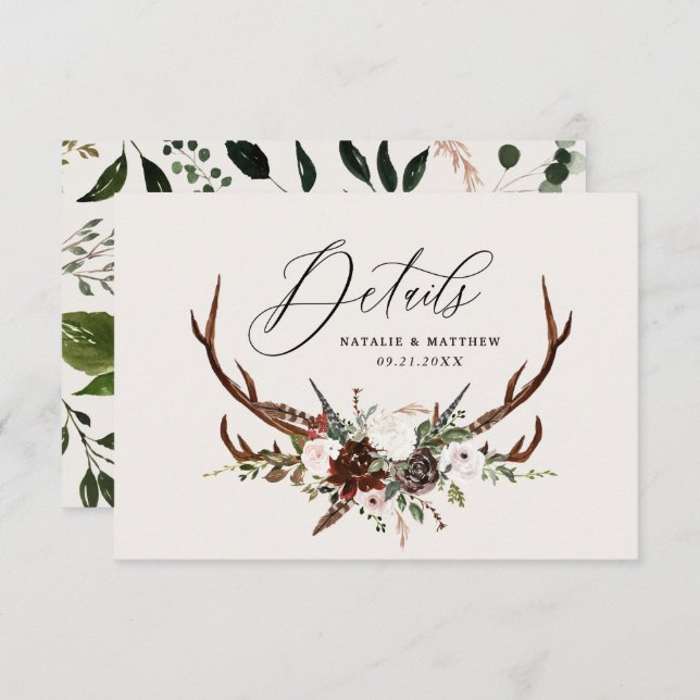 Rustic foliage, floral and stag wedding details save the date (Front/Back)