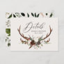 Rustic foliage, floral and stag wedding details save the date