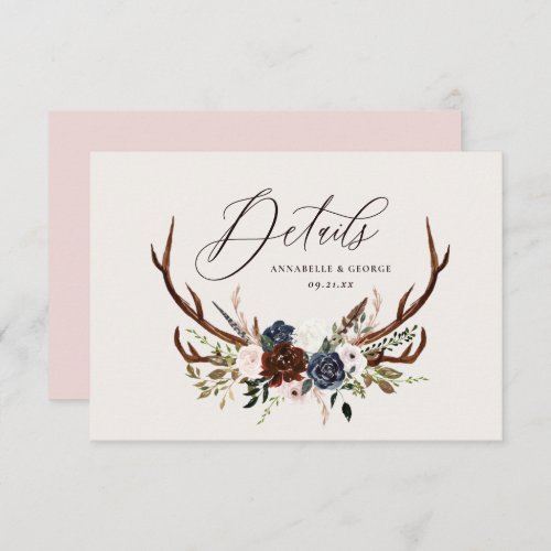 Rustic foliage floral and stag wedding details save the date
