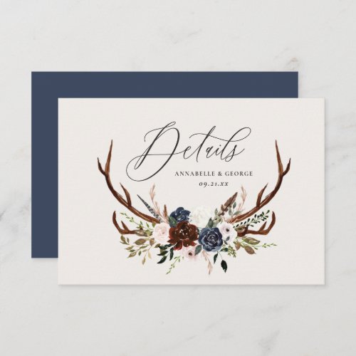 Rustic foliage floral and stag wedding details save the date