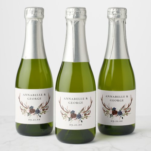 Rustic foliage floral and stag wedding details sparkling wine label