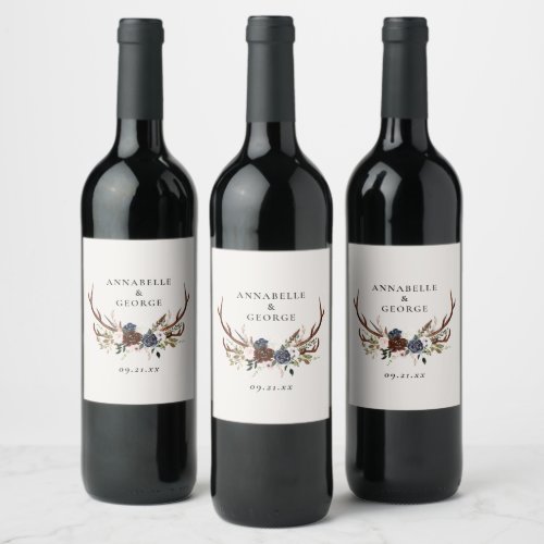 Rustic foliage floral and stag wedding details wine label