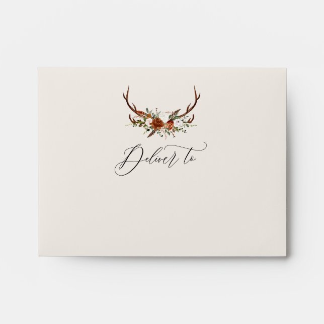 Rustic foliage, floral and stag wedding envelope (Front)