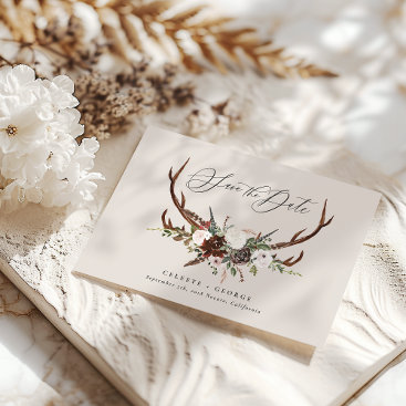 Rustic foliage, floral and stag wedding save the date