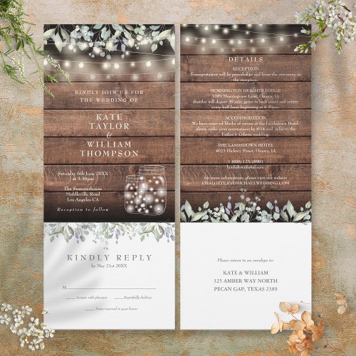 Rustic Foliage Mason Jars All In One Wedding  Invitation