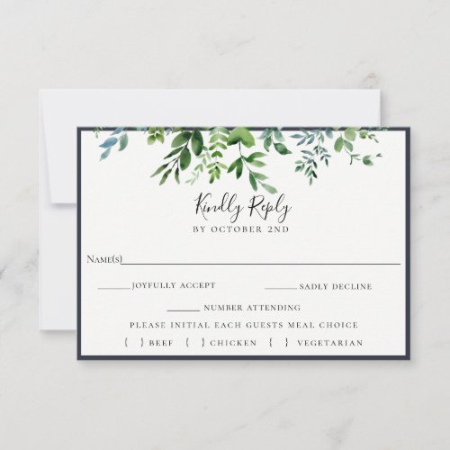 Rustic Foliage Navy Wedding RSVP Meal Choice Card