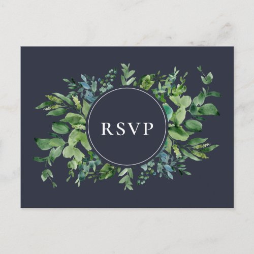 Rustic Foliage Navy Wedding RSVP Song Request Invitation Postcard