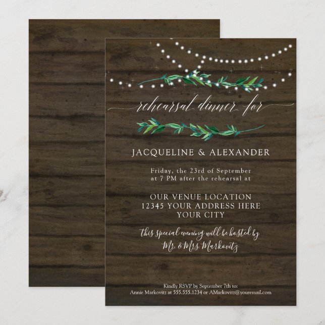 Rustic Foliage Twinkle Fairy Lights Dark Barn Wood Invitation (Front/Back)