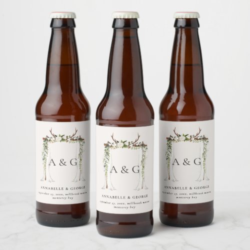 Rustic foliage white floral stag canopy wedding beer bottle label