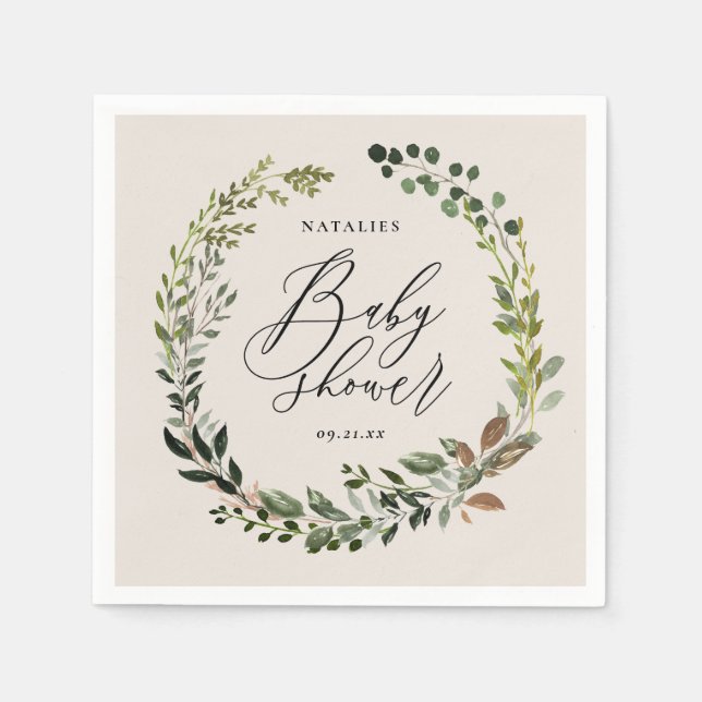 Rustic foliage wreath baby shower party napkins (Front)