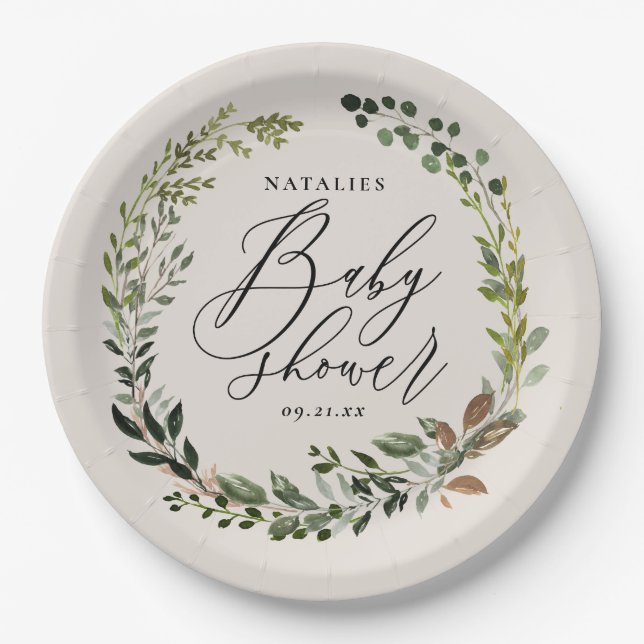 Rustic foliage wreath baby shower party paper plates (Front)