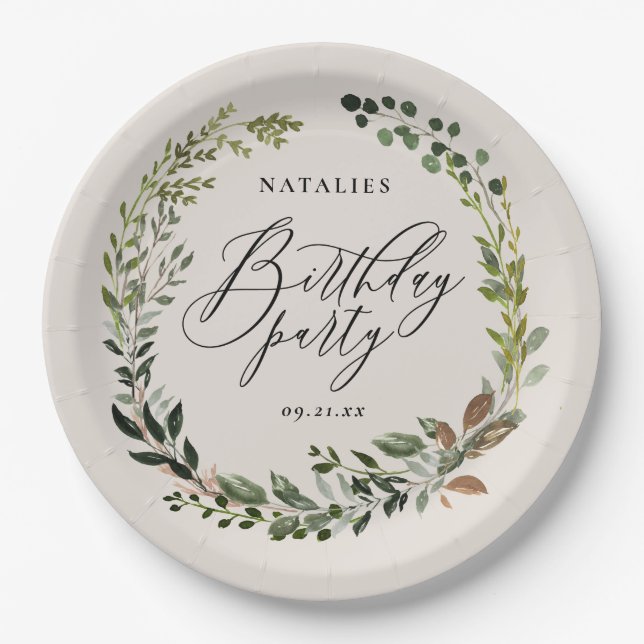 Rustic foliage wreath birthday party paper plates (Front)