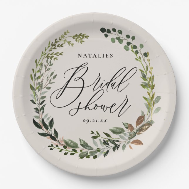 Rustic foliage wreath bridal shower party paper plates (Front)