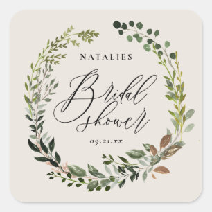 Rustic foliage wreath bridal shower party square sticker