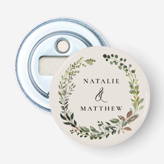 Rustic foliage wreath fall winter wedding party bottle opener (Front)