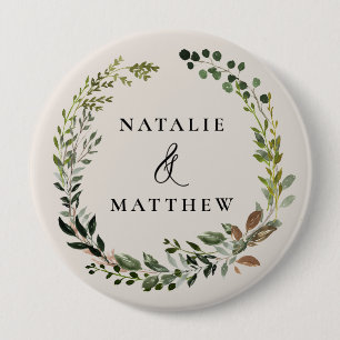 Rustic foliage wreath fall winter wedding party button