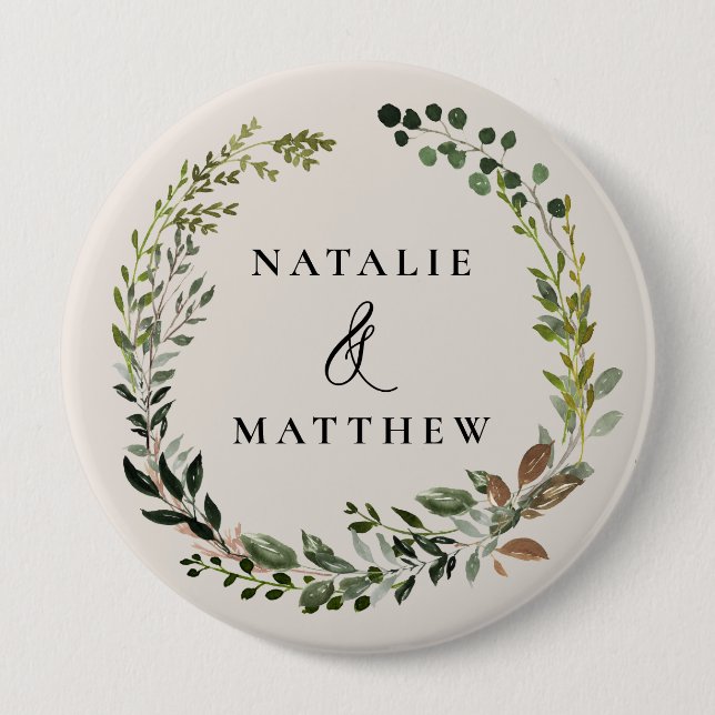 Rustic foliage wreath fall winter wedding party button (Front)