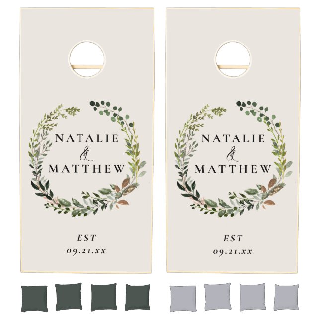 Rustic foliage wreath fall winter wedding party cornhole set (Set)