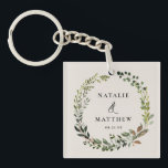 Rustic foliage wreath fall winter wedding party keychain<br><div class="desc">Rustic foliage wreath couples name wedding party design. With beautiful watercolor foliage,  white florals and script hand writing. This modern design is sure to set the style for your upcoming party.</div>