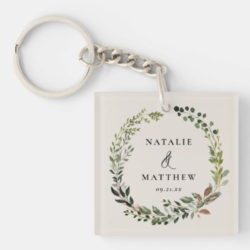 Rustic foliage wreath fall winter wedding party keychain