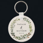 Rustic foliage wreath fall winter wedding party keychain<br><div class="desc">Rustic foliage wreath couples name wedding party design. With beautiful watercolor foliage,  white florals and script hand writing. This modern design is sure to set the style for your upcoming party.</div>