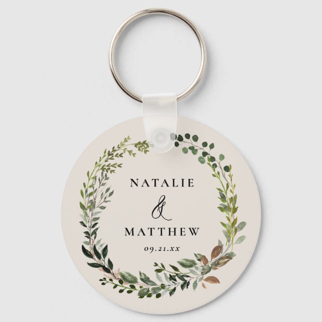 Rustic foliage wreath fall winter wedding party keychain (Front)