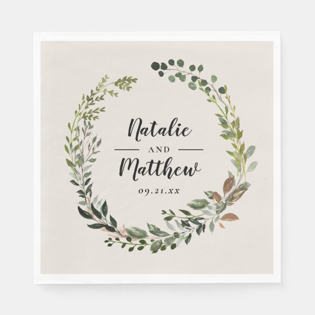 Rustic foliage wreath fall winter wedding party napkins (Front)