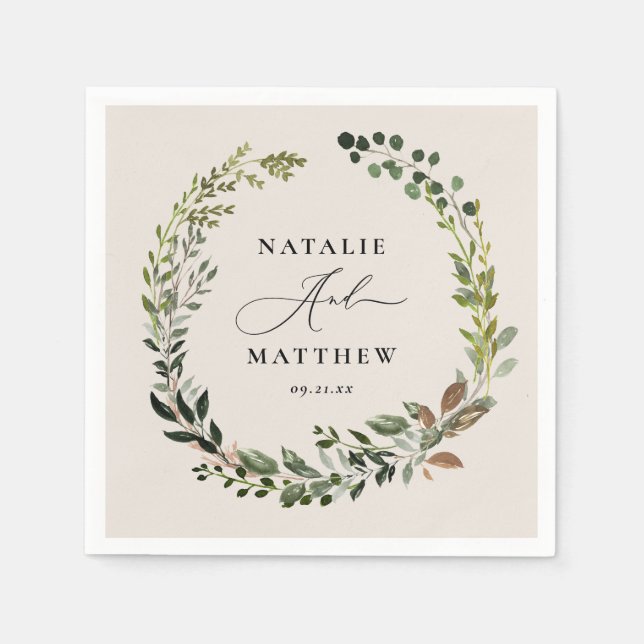 Rustic foliage wreath fall winter wedding party napkins (Front)