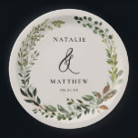 Rustic foliage wreath fall winter wedding party paper plates<br><div class="desc">Rustic foliage wreath couples name wedding party design. With beautiful watercolor foliage,  white florals and script hand writing. This modern design is sure to set the style for your upcoming party.</div>