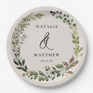 Rustic foliage wreath fall winter wedding party paper plates
