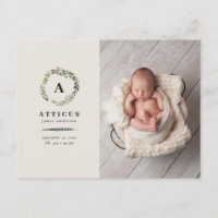 Rustic foliage wreath photo birth announcement