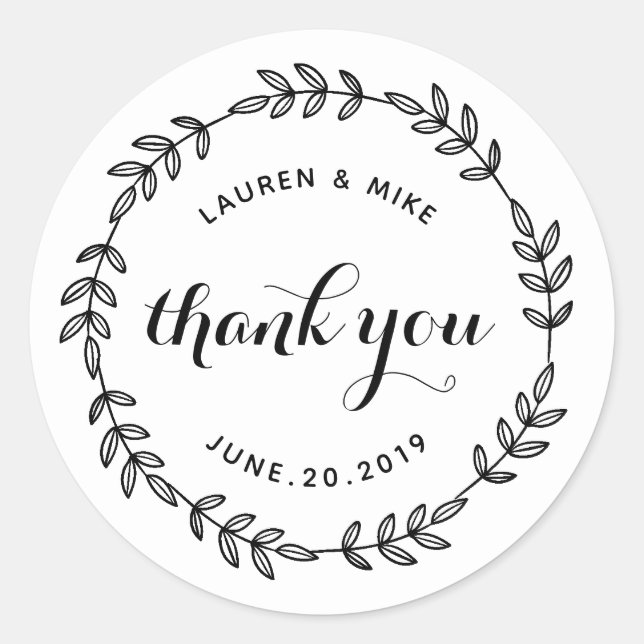 Rustic Foliage Wreath Wedding Thank You Classic Round Sticker (Front)